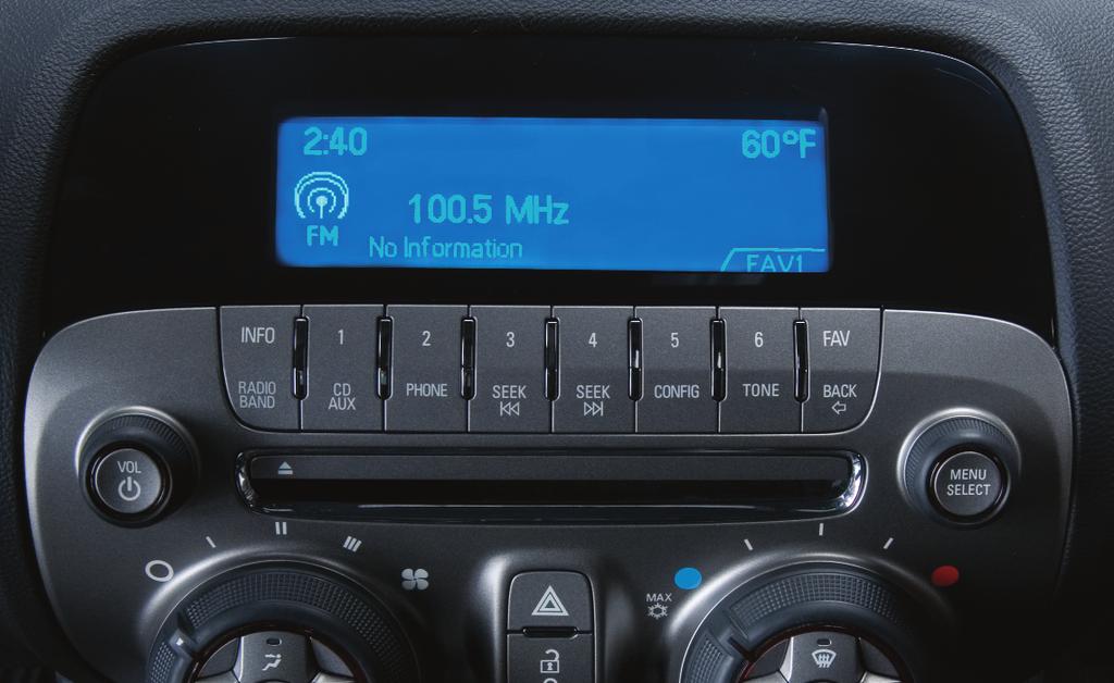 AUDIO SYSTEM POWER/ VOLUME INFO: Display available song information FAV: Display pages of favorite radio stations MENU/SELECT: Tune radio stations and open/select menus RADIO/ BAND (FM, AM, XM)