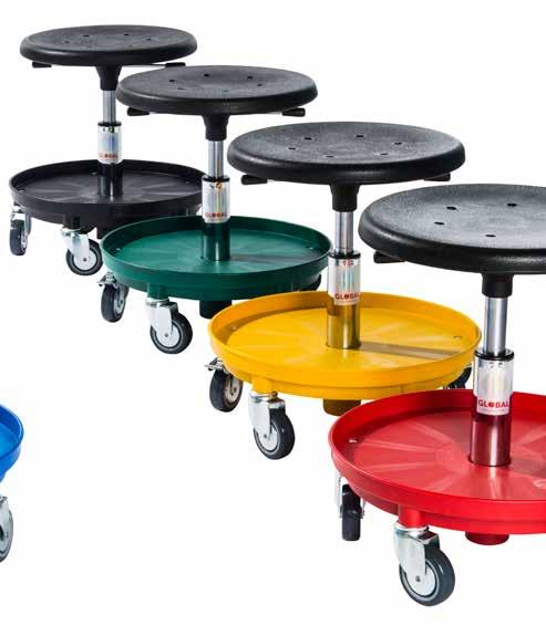 As standard, the roller stools can be adjusted to a low seating height, and they have very solid castors. They can be equipped with trays, toolboxes and different types of seats.