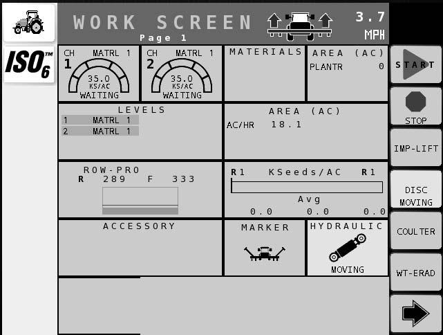 WORK MODE While operating, constants defined at the Fold Sequence Setup screen for working hydraulics will display on the Work screen when the master switch is turned on.