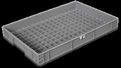 Tray with fixations for the handling of EUROTEC containers with dimensions.