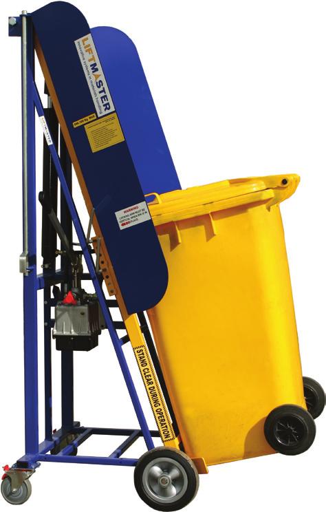 Safe lifting capacity of 100kg Lifts 80L, 120L, 140L and 240L bins (manual adjustment) Hydraulic hand pump operation (no sparks) Fits through internal doorways The Rugged Binlifter - Powered is
