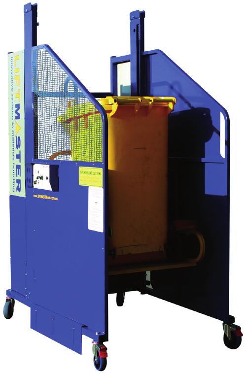 Safe lifting capacity of 150kg Lifts 80L, 120L, 140L and 240L bins (no adjustment required) 24V rechargeable battery with