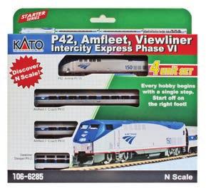 Includes Amtrak P42 diesel with modern Phase Vb paint scheme, two Phase VI Amfleet II coaches and one Phase VI Viewliner sleeper. Track and power pack not included.