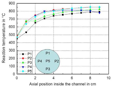 Measurement procedure, calculation and conditions Temperatures of the reaction flow are measured on five different positions (Figure 2) along the flow direction of a small channel inside the
