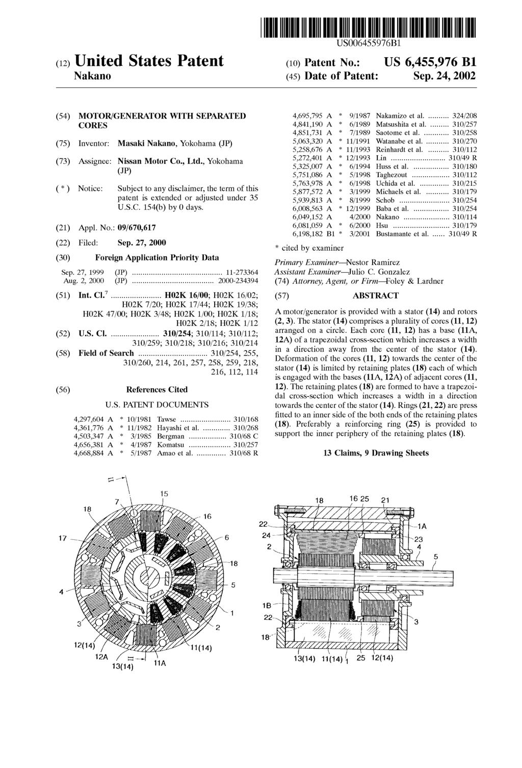 USOO6455976B1 (12) United States Patent (10) Patent No.: US 6,455,976 B1 Nakano (45) Date of Patent: Sep. 24, 2002 (54) MOTOR/GENERATOR WITH SEPARATED 4,695,795 A * 9/1987 Nakamizo et al.