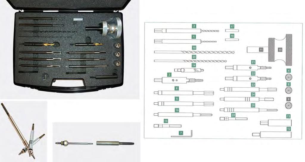 Puller plugs routes with system blowback Complete extractor for extracting broken plugs preheating diesel engine without removing the head. Kit suitable for plugs diameters: x1-9x1-10x1 and 10x1,25.