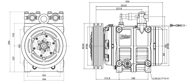 Technical Data Rotation Max speed Clutch coil Displacement Number of pistons Refrigerant Pulleys [1] Mounting Unloading steps Oil charge Weight (without clutch) CW 600-4000 rpm 12 or 24 VDC 132.