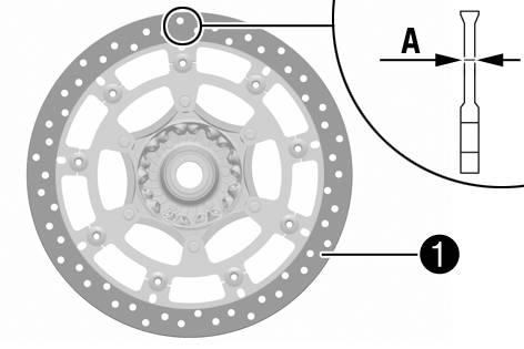 14 BRAKE SYSTEM Check the front and rear brake disc thickness at multiple points for the dimensiona. Info Wear will reduce the thickness of the brake disc at contact surface1of the brake linings.
