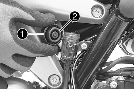14 BRAKE SYSTEM Main work Stand the vehicle upright. Remove screw cap1with insert and membrane2. Add brake fluid up to the MAX marking. Brake fluid DOT 4 / DOT 5.1 ( p.