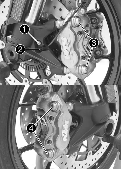 15 WHEELS, TIRES 15.1 Removing the front wheel Preparatory work Raise the motorcycle with the rear lifting gear. ( p. 130) Lift the motorcycle with the front lifting gear. ( p. 131) Main work Remove screw1and pull wheel speed sensor2out of the hole.
