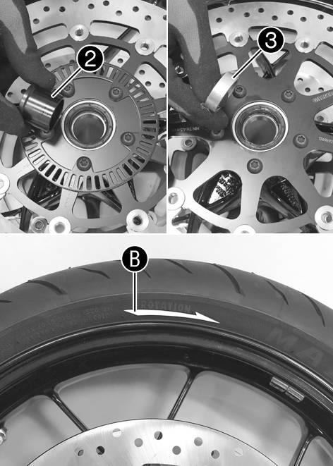 15 WHEELS, TIRES Insert wide spacer2on the left in the direction of travel. Insert narrow spacer3on the right in the direction of travel.
