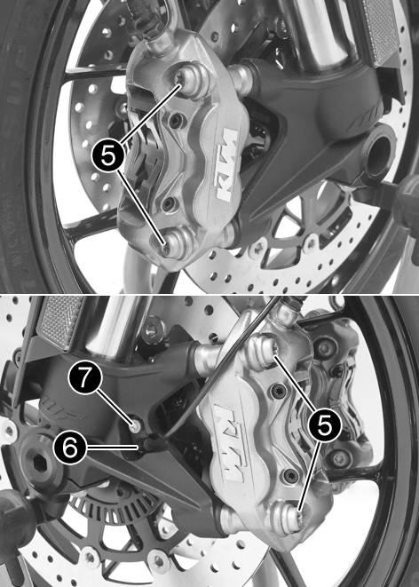 15 WHEELS, TIRES Position both brake calipers. The brake linings are correctly positioned. Mount screws5on both sides but do not tighten yet. Guideline Screw, front brake caliper M10x1.25 45 Nm (33.