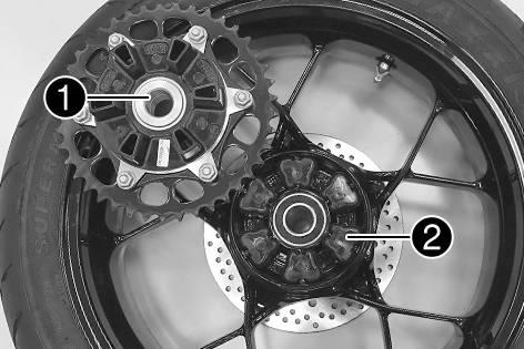 15 WHEELS, TIRES V01252-10 Main work Check bearing1.» If the bearing is damaged or worn: Change the bearing of the rear sprocket carrier. Check rubber dampers2of the rear hub for damage and wear.
