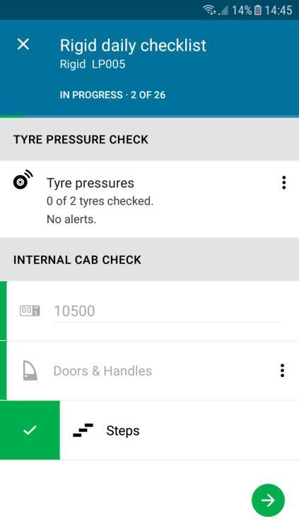 Make Vehicle Checklists (I/IV) The checklist is split between internal and external parts The Tyre Pressure