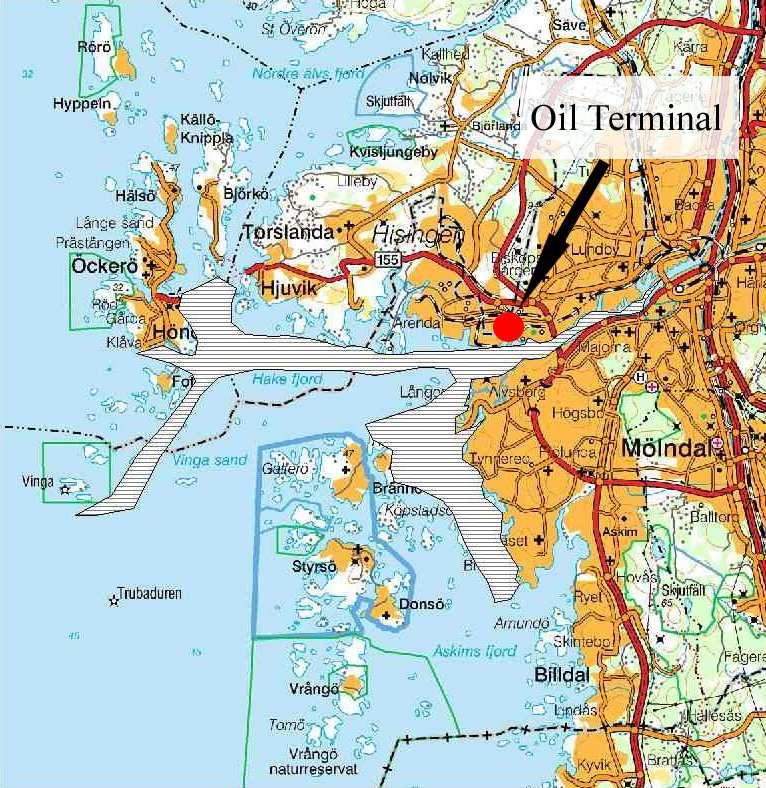 The area outlined on the map shows how the oil was spread in the coast archipelago outside Göteborg. The oil spread in two main directions, south and west from the harbour of Göteborg.