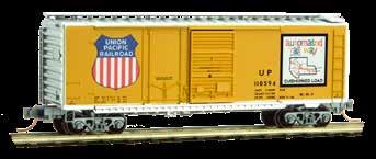 Union Pacific Road Number UP 110594 This 40 standard box car with plug & sliding door is aluminum with yellow sides and runs on Roller