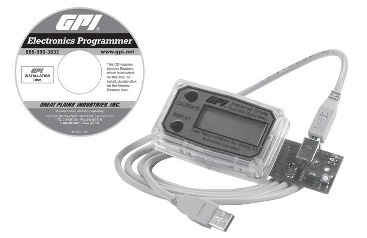 113800-06) The GPI Electronics Programmer is a system composed of a small USB interface unit, a USB cable, and a software program.