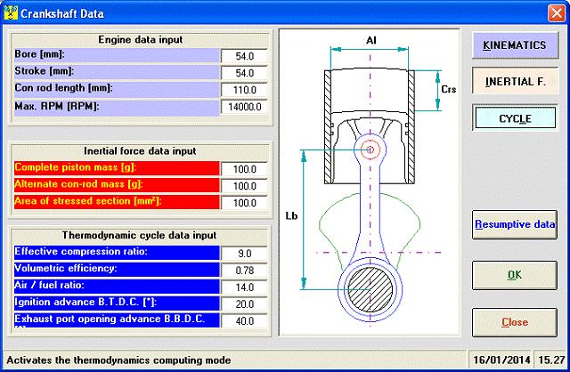 necessary to engineers, such as: area parameters and ports optimisation; crank mechanism : inertial force, combustion, stress (we recommend the: VYBRO software); combustion chamber: compression