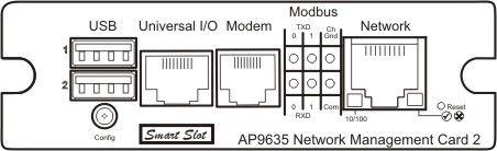 Optional NMC Part number AP9635 Network Management Features The default NMC can be replaced with the AP9635 which gives access to additional features such as: Modbus RTU over RS485 Remote monitoring
