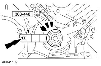 Page 5 of 24 13. CAUTION: Timing chain procedures must be followed exactly or damage to valves and pistons will result. NOTE: LH shown, RH similar. Compress each tensioner plunger, using a vise. 14.
