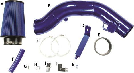 A 1 Blue Filter w/ Hose Clamp B 1 Cold Air Intake Tube C 2 Hose Clamps D 1 Intake Tube Support Bracket E 1 4 x2.