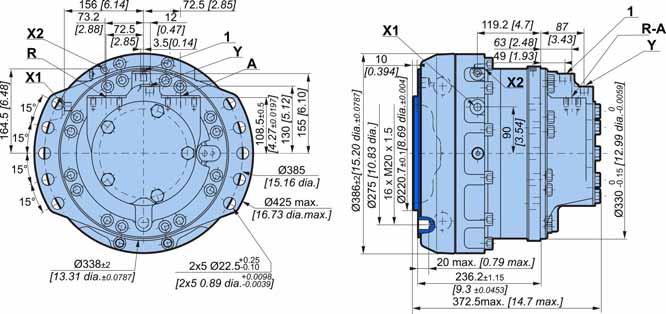 POCLAIN HYDRAULICS Compact motors MK23 MKE23 M K CHARACTERISTICS 2 3 C D F P S 1 3 3 3 4 3 4 5 6 M K E 2 3 Dimensions for standard 1-displacement motor 124 kg [273 lb] 128 kg [282 lb] P D 3 4 3 X1 1