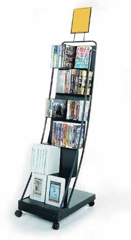 Floor Standing Displayers DISPLAY Multimedia Display Cart Rolls easily for instant media display Compact design only 4"D Black cart with six shelves (16" x 1 "D) ideal for hardbacks and audiobooks;