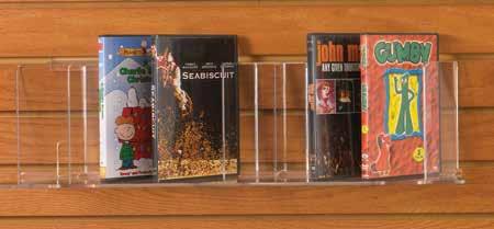 Slatwall Displayers DISPLAY DVD Slatwall Shelf Holds paperbacks or DVDs side-by-side Holds up to four paperbacks or six DVDs Back brace