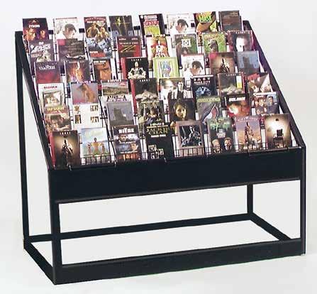 DVD/CD aterfall Display Holds up to 88 DVDs or CDs Six 4"D tiers hold up to 48 discs per tier Open pocket design accommodates double DVDs, CDs, video