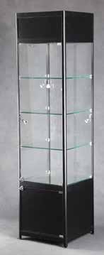 with two adjustable glass shelves (A) SQUARE LIGHTED SHOCASE TOER: Three glass shelves and bottom mirror deck shelf Four halogen spots in top canopy Four mounted mini-spots on sides