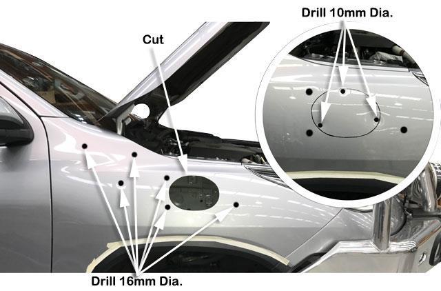5 Drill a pilot hole for each of the marked positions. Use a step drill to drill the 6 mounting holes to 16mm diameter.