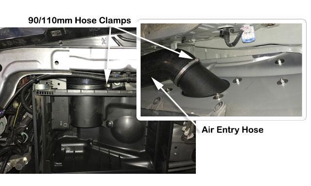 15 Align the air entry hose for best fitment (Ensure the air entry hose is installed hard up against the shoulder of the snorkel body outlet), correctly position the 90/110mm hose clamps at either
