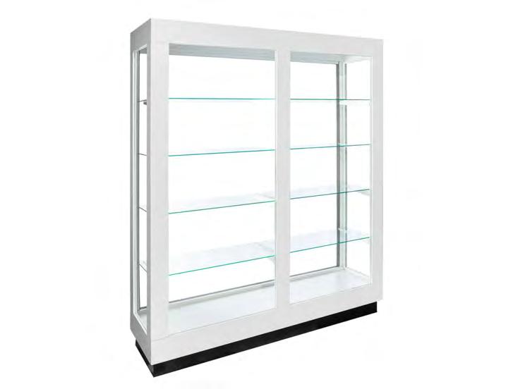 Wall Case & See Thru WALL CASE White or black formica exterior Fluorescent lights LED top lighting available for an additional $95 per wall case 70", 60" or 48" wide x 18" deep x 84" high Glass
