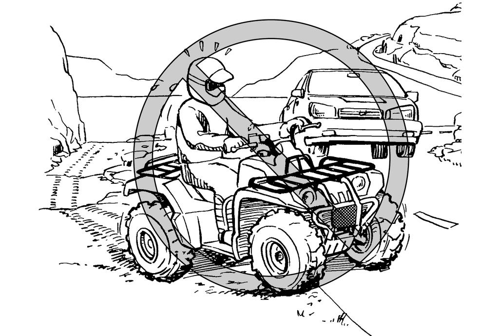 WARNING! Never operate this ATV on any public street, road or highway, even a dirt or gravel one. You could collide with another vehicle. [EWB01031] 7 Know the terrain where you ride.