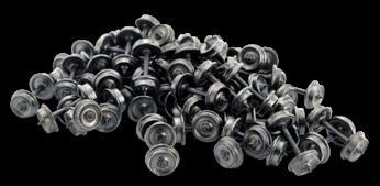 These wheels are cast metal and blackened with plastic axles that allow for great performance and reliability.