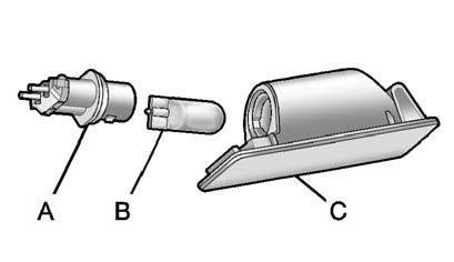 Push the release tab (A) toward the lamp assembly. A. Bulb Socket B. Bulb C. Lamp Assembly 3.
