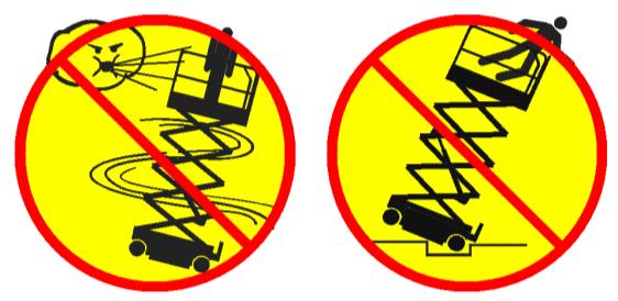 Do not drive the machine on or near uneven terrain, unstable surfaces or other hazardous conditions with the platform raised. Do not push off or pull toward any object outside of the platform.