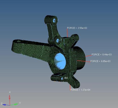 On constraining the knuckle, combined load of brake torque on the caliper mounting, longitudinal loads due to traction, vertical reactions due to weight and steering reaction, the finite element