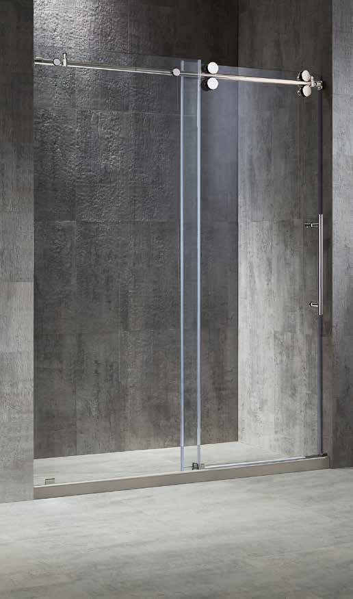 BRIZA FEATURE HIGHLIGHTS Frameless Barn style wheels Sliding door with a fixed panel Up to 4 in.