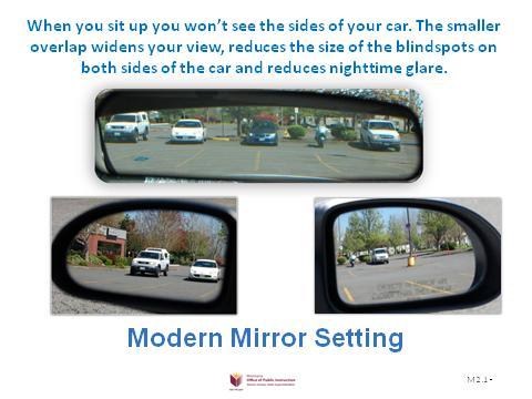 right outside rear view mirror: tilt head, see a bit of the car, then sit up straight.
