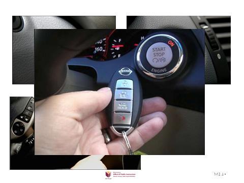 Look around door posts and pillars. Slides 23 and 24 Ignition Many things happen at this stage, 1. Starting the car is just the first. 2. When starting the car make sure that all of the warning and indicator lights go out.
