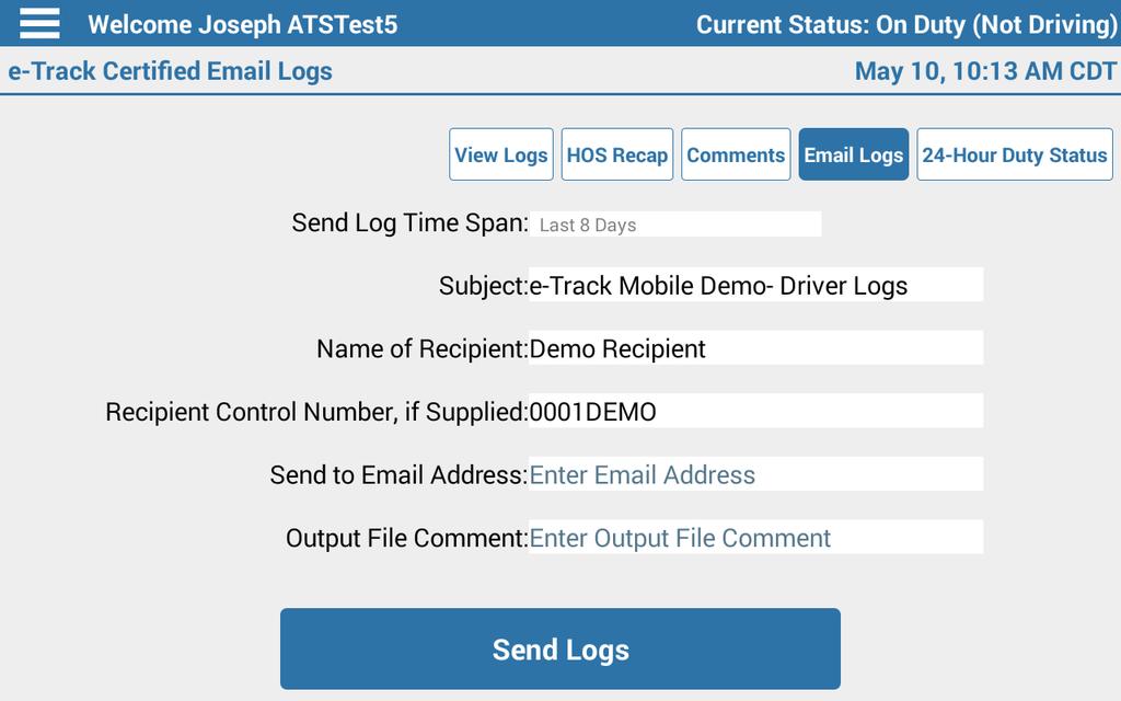 View Logs View Logs > Email Logs The Driver has the ability to Email their logs to a requesting DOT Officer directly from the Driver Application.