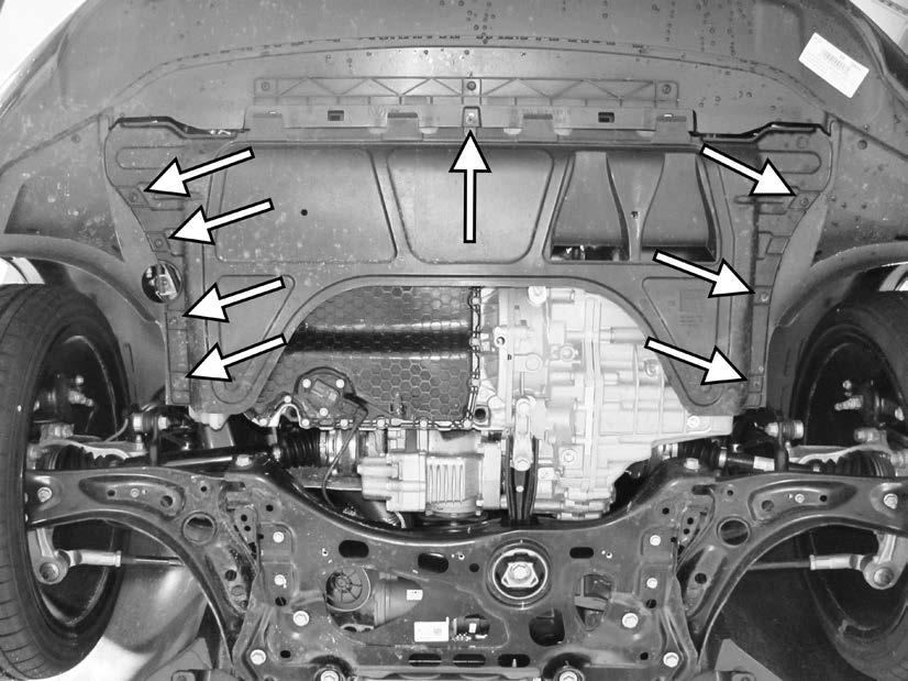 110) Install the belly pan onto the car, making sure the belly pan snaps into the lower