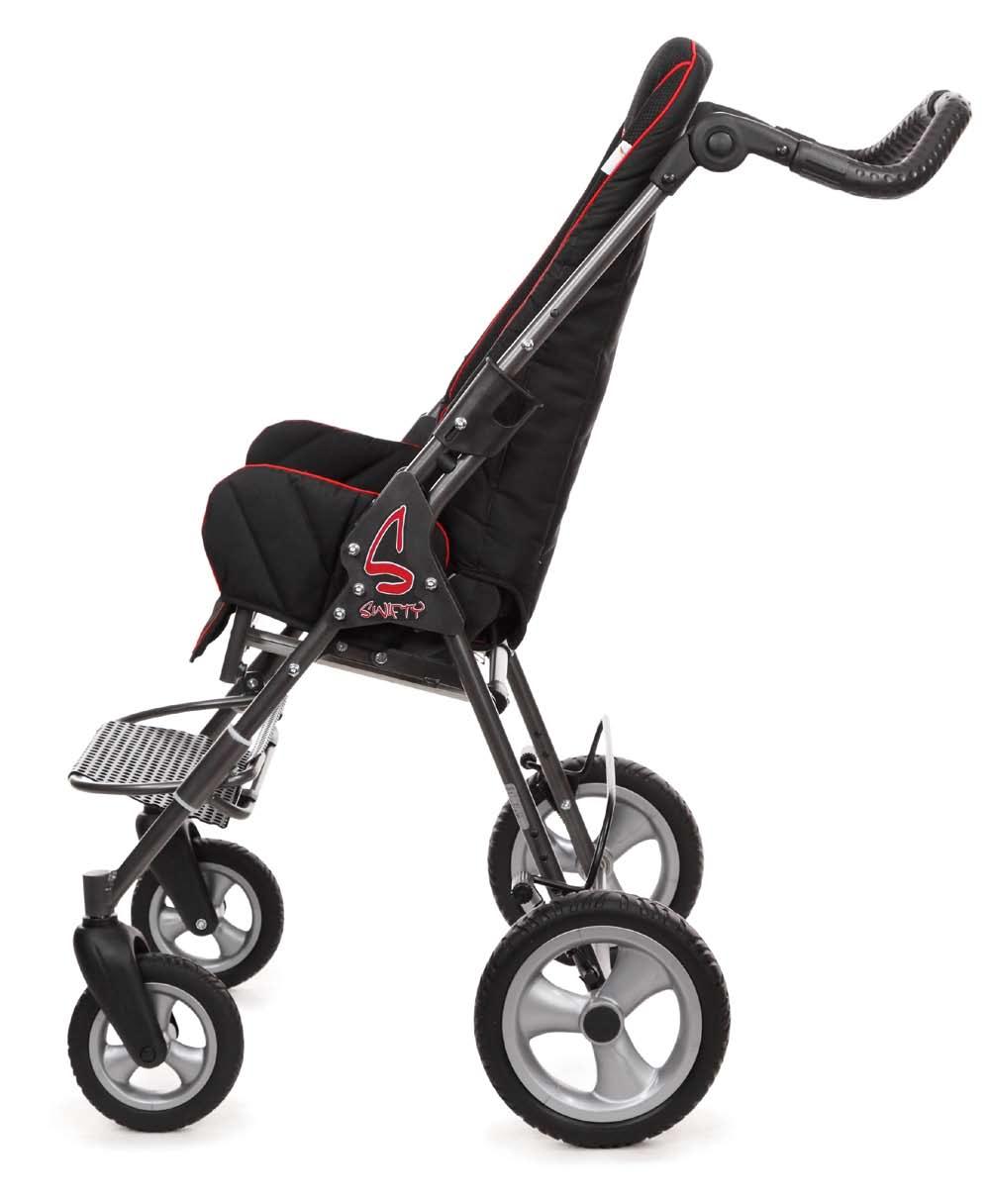 Rehab stroller Swifty Technical data Swifty Seat depth 22-28.5 cm / 8.6-11.2" Seat width 34 cm / 13.4" Back height 62 cm / 24.4" Lower leg length 16-33 cm / 6.