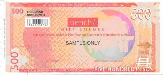The Bench Gift Certificate may be used in all branches of the following brands: Aldo B/Tweeners Bench Bench Body Call It Spring CC-OO Celio Charles and Keith Cotton On CPS Chaps Dimensione Early