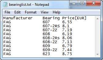 txt file, it can be done before the price calculation or at any time by using function Add bearing prices in window Settings.