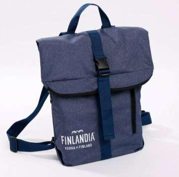 21 F807 BACKPACK FV Blue backpack with dark blue straps and white Finlandia Vodka logo embroidered on the left bottom part.