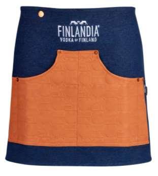 37 F848 APRON FOR BARTENDERS SHORT FV Blue denim apron with a front PU pocket and cotton