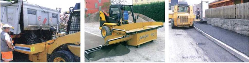 Loading hopper from truck Laying base Laying sidewalk around gutter Feeding: The Pavijet MG7 can lay hot and cold asphalt, as well as cement, sand and crushed stones.