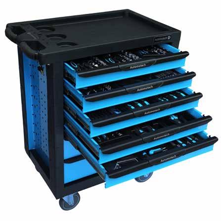 Steel and ABS construction with powder coat paint finish Lockable smooth running draw slides Steerable wheels with break 220pcs Tool kit included